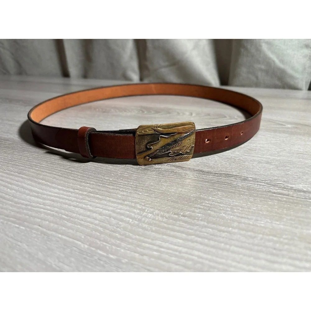 Vintage Brown Leather Belt Mixed Metal Abstract Buckle Boho Southwestern nature